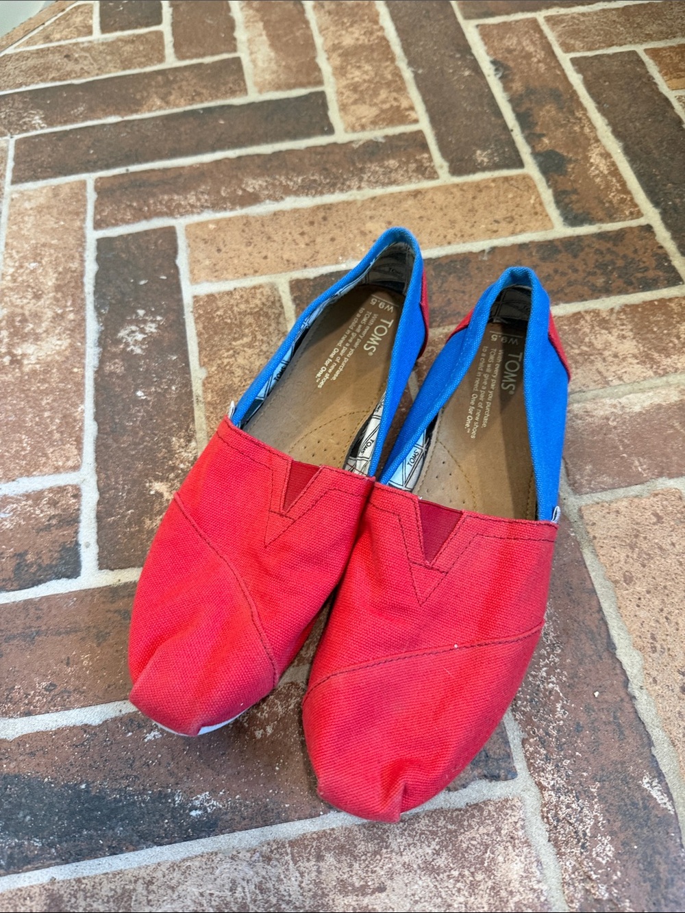 TOMS Red Canvas Slip-Ons with Blue Heel